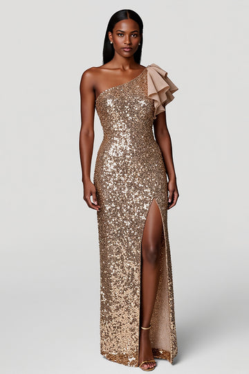 Sparkly Champagne Sheath Sequins Long Holiday Dress